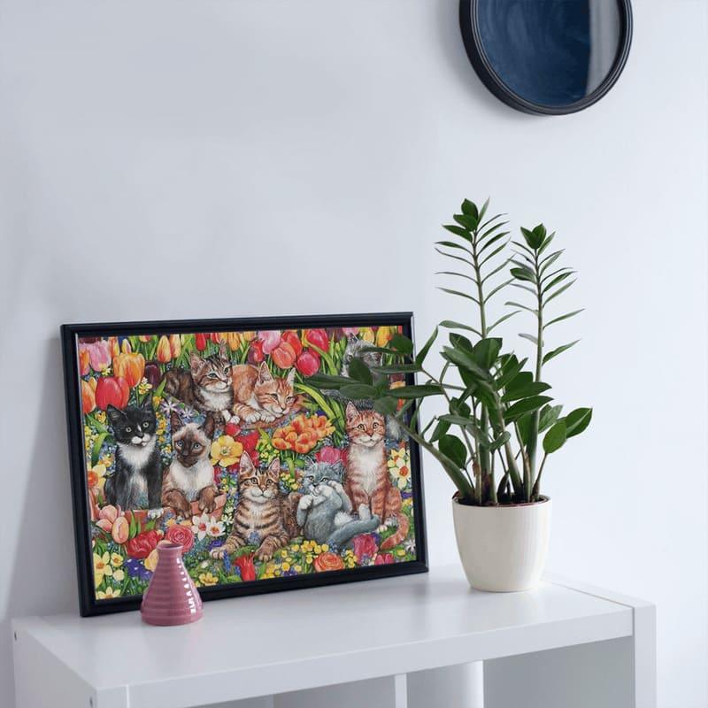 Feline Garden Party - 500/1000 PCS Wooden Jigsaw Puzzle - | TreeletPuzzle | High - Quality 1000 - Piece Wooden Puzzle