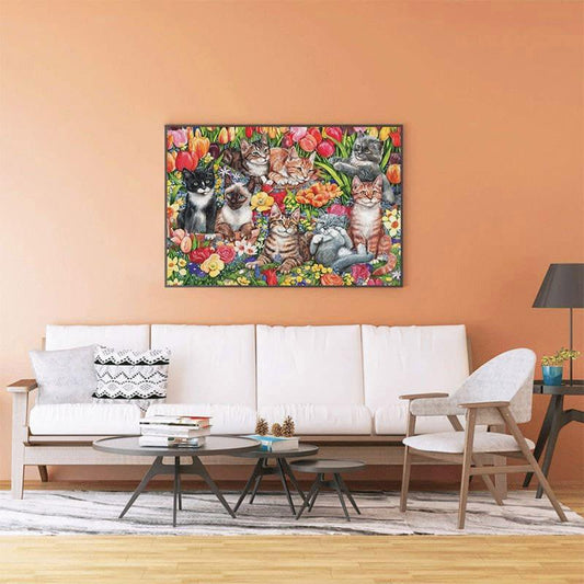 Feline Garden Party - 500/1000 PCS Wooden Jigsaw Puzzle - | TreeletPuzzle | High - Quality 1000 - Piece Wooden Puzzle