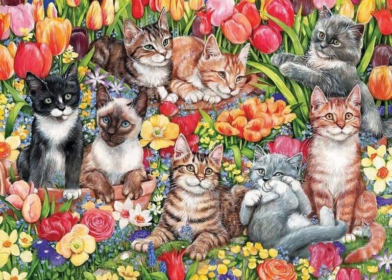 Feline Garden Party - 500/1000 PCS Wooden Jigsaw Puzzle - | TreeletPuzzle | High - Quality 1000 - Piece Wooden Puzzle