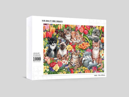 Feline Garden Party - 500/1000 PCS Wooden Jigsaw Puzzle - | TreeletPuzzle | High - Quality 1000 - Piece Wooden Puzzle